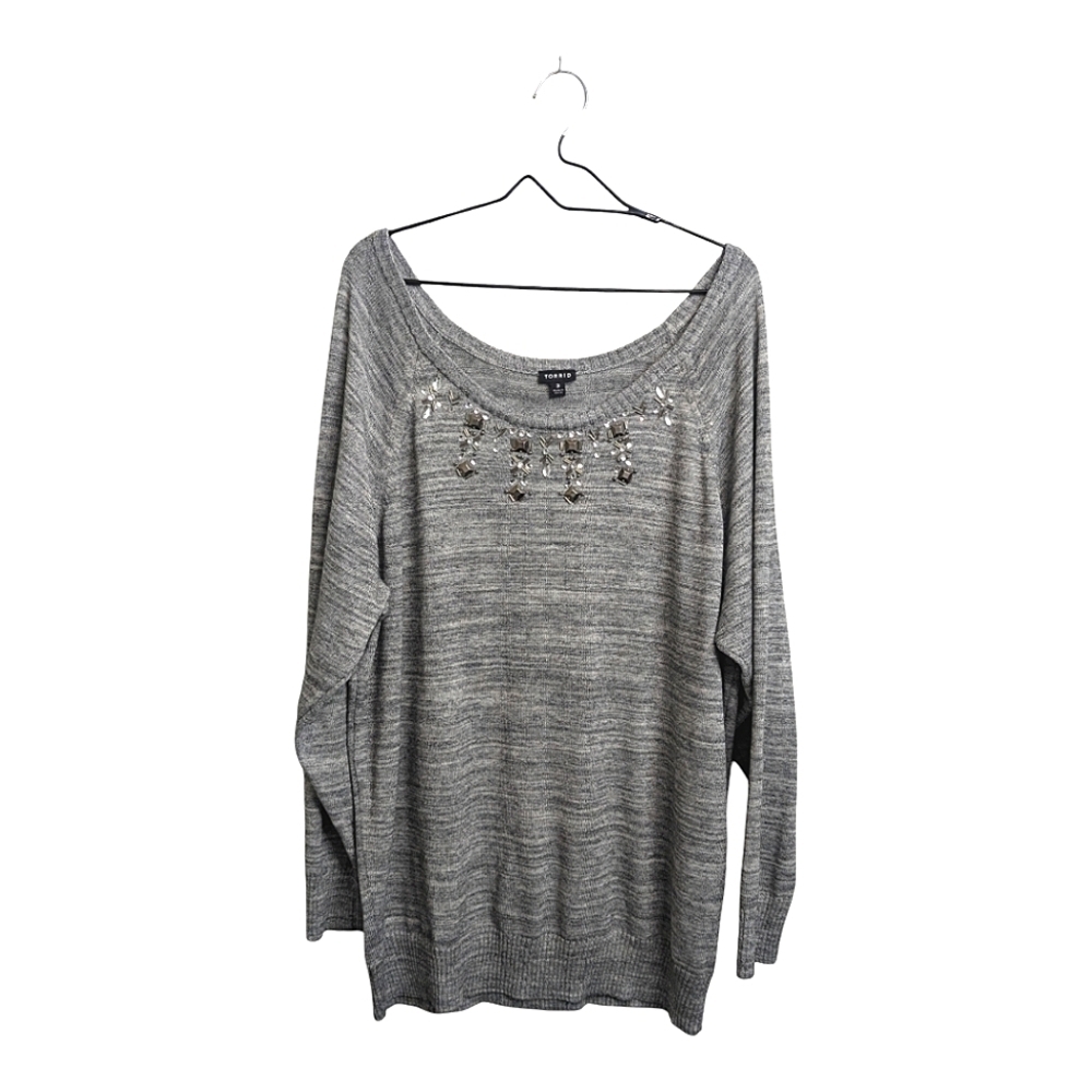 Torrid Gray Pullover Sweater Boat Neck Long Sleeve Embellished Rhinestones 3X